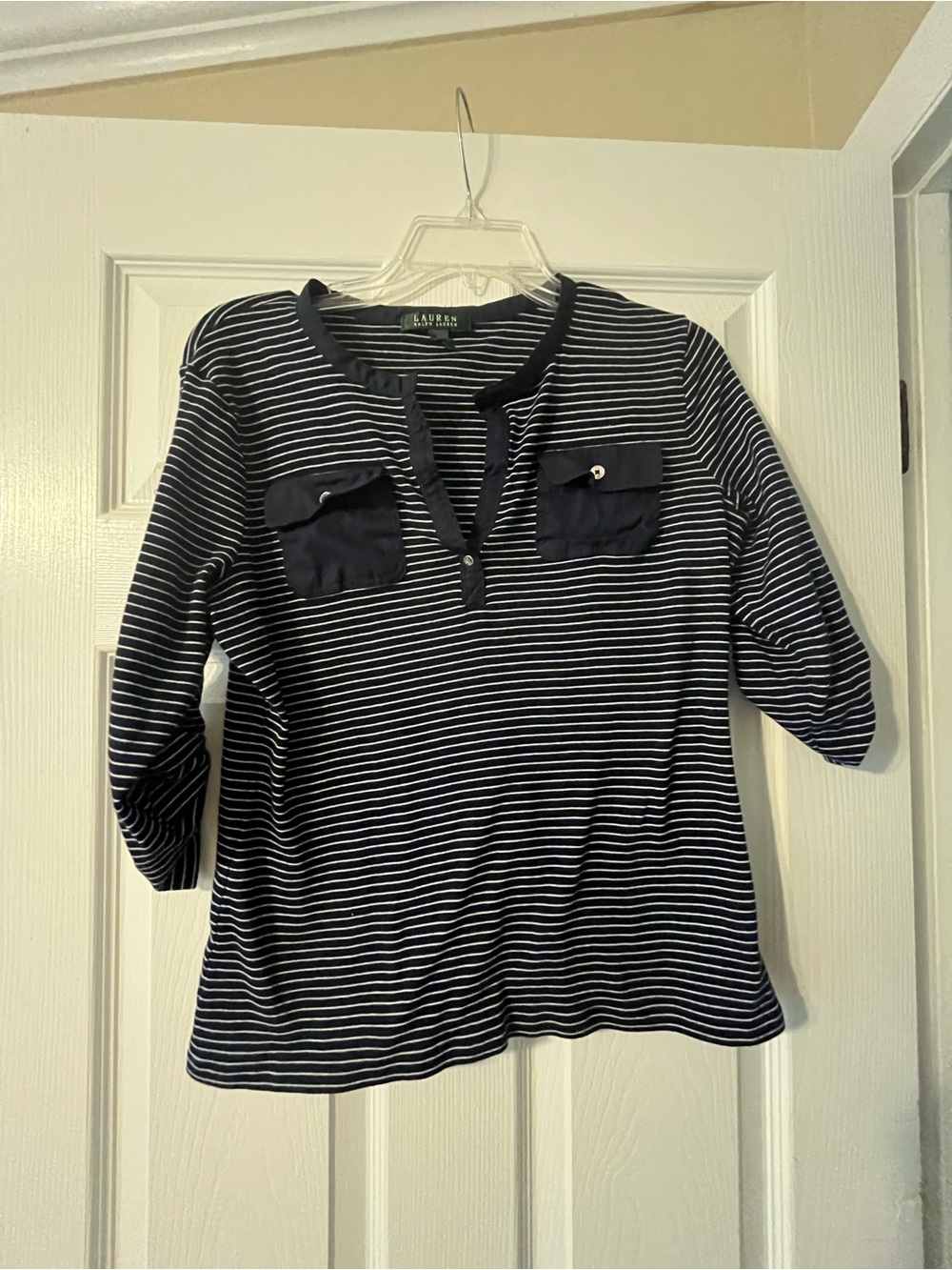 Ralph Lauren Navy and White Striped Long-Sleeve Henley with Pocket Flaps